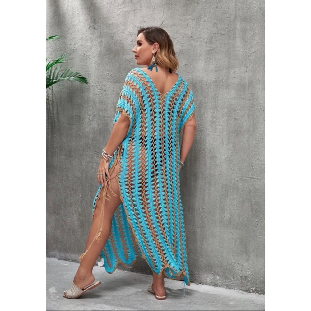 Crochet Maxi Cover Up Dress M/L Blue Brown Knit Boho Festival Cowgirl Beach - Picture 4 of 11